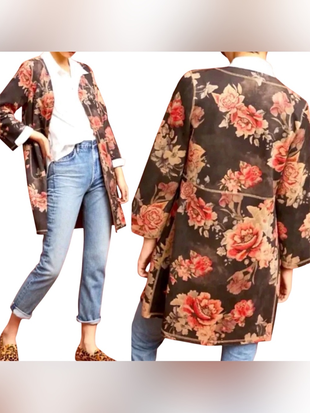 NWOT Anthropologie Solitaire floral bohemian Faux Suede Open Front Jacket Large